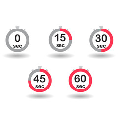 Time, clock, stopwatch, timer progress circles set 0 15 30 45 60 sec red sport rings vector illustration