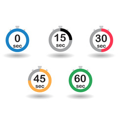 Time, clock, stopwatch, timer progress circles set 0 15 30 45 60 sec rainbow sport rings vector illustration