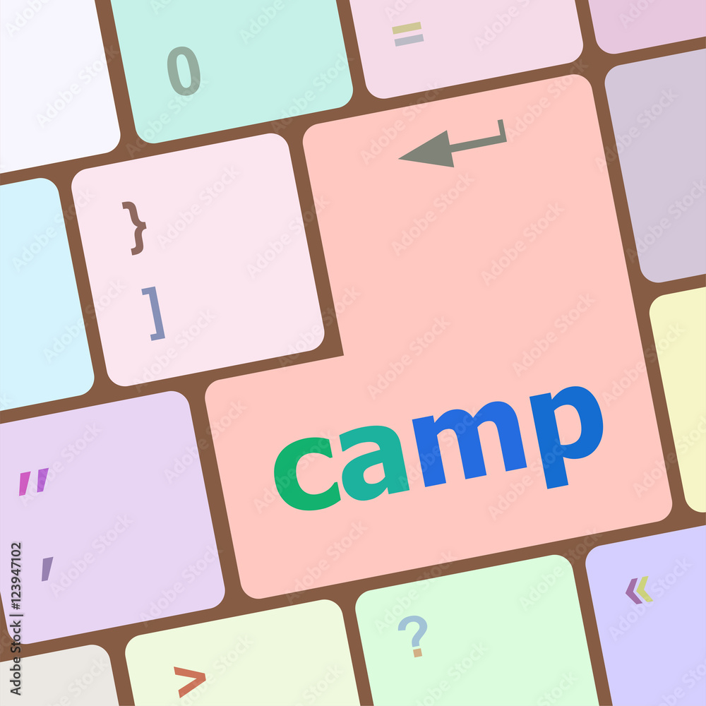 Poster camp word on keyboard key, notebook computer button