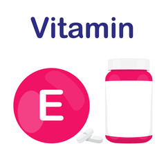 Vitamin E with bottle of tablets, capsules and pills. Pink circle bubble. Vector illustration