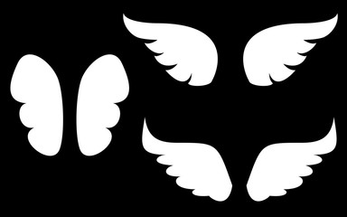 Wings vector set with white angel or bird wing icon isolated on black background