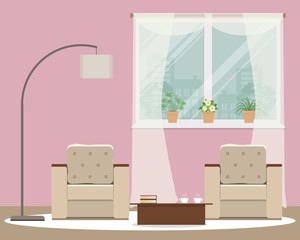Living room in pink color. There is a two armchairs, a table, a lamp, a window with flowers in the picture. Vector flat illustration
