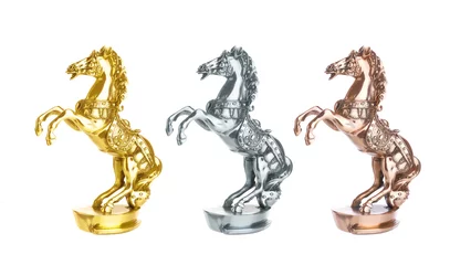 Fotobehang Statuette of horse isolated on white. Gold, silver and bronze statue trophy on horse racing © xamtiw