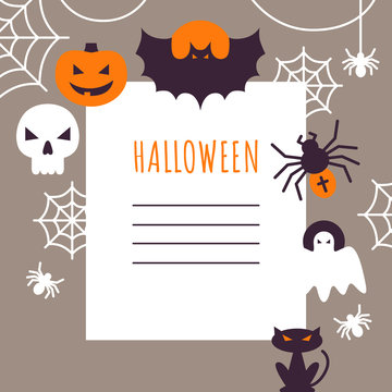 Halloween greeting card with flat icons. Vector Illustration. Flat icons on gray Backdrop. Paper with text and halloween icons around. Halloween Concept.