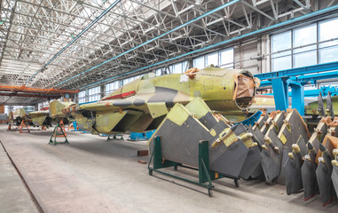 Aviation factory of military aircraft. Assembly of the fighter