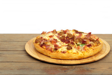Pizza on a wooden tray.