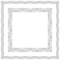 Black square frames, geometric shapes, outlines. Stylized folk pattern.