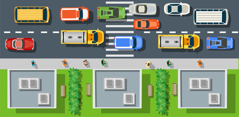 Top view from city street with asphalt and transport. People walking down the sidewalk, intersecting the road at a pedestrian crossing. Urban landscape of the big place