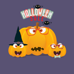 Halloween Sale Promotion Poster with Happy Pumpkins Hipster Family.