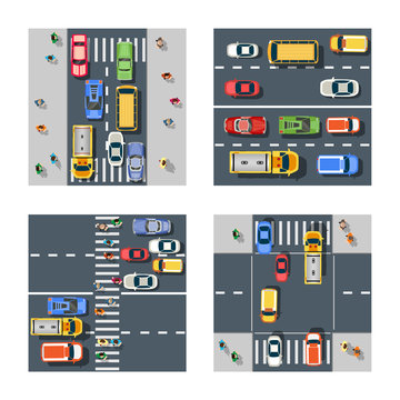 Traffic Transportation set of city streets with traffic, cars and trucks. Urban roadways and sidewalks with pedestrian crossings