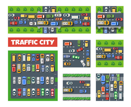 Traffic Transportation set of city streets with traffic, cars and trucks. Urban roadways and sidewalks with pedestrian crossings and people