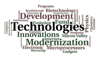 Technologies word cloud. Innovations concept. White background.