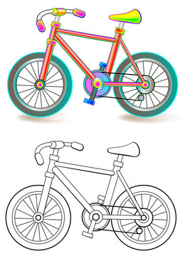 Colorful and black and white pattern of bike, vector cartoon image.
