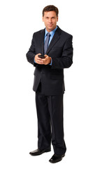 Full-length businessman lawyer financial advisor executive texting with mobile phone isolated on white background