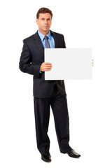 Full-length male man businessman holding blank sign isolated on white background