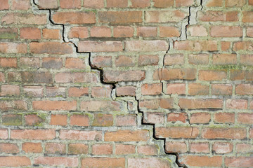 detail of an old cracked red brick wall