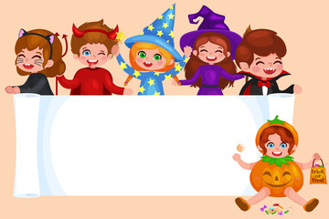Happy Halloween. Set of cute cartoon children in colorful halloween costumes: Dracula, girl dressed as a pumpkin, sorceress, devil , witch , cat