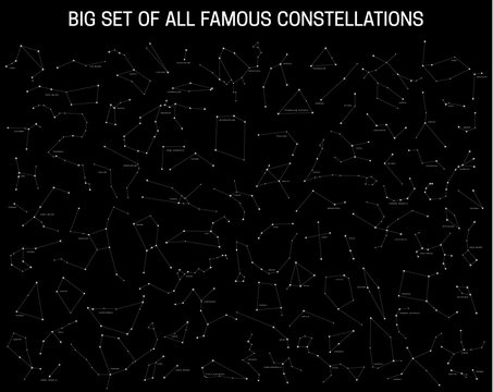 Big set of all famous constellations, modern astronomical signs of the zodiac. Sky Map with the name of the stars and constellations.