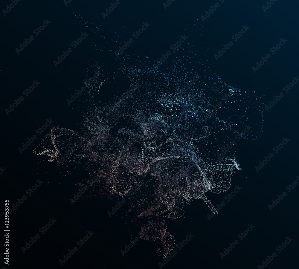 Poster abstract 3d rendering of chaotic particles. flying cubes in empty space. dynamic shape. futuristic b