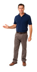 Full-length business causal professor teacher businessman speaker in polo shirt presengting...