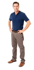 Full-length male man causal businessman in polo shirt and khakis isolated on white background for use alone or as a design element