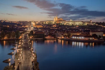Foto op Plexiglas Panorama of Prague with red roofs from above autumnal day at sunset, Czech Republic. © vladimirhodac