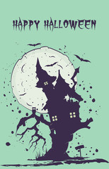 Halloween illustration. The silhouette of witch's house on tree, full moon. Light background