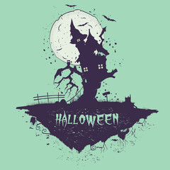 Halloween illustration. The silhouette of witch's house on tree, flying island, full moon. Light background