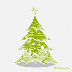  Hand drawn Christmas tree vector illustration. Fir tree with ornaments and decoration.