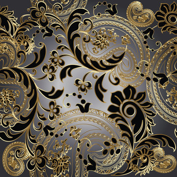 Paisleys  elegant floral vector seamless pattern background wallpaper illustration with vintage stylish beautiful modern 3d line art  gold and black paisley flowers leaves and ornaments 