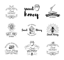 Sweet Honey. Beehive. Spoon of Honey. Flower. Honeycomb. A bee and a jar of Honey. Labels and Badges Set. Illustration Vector Isolated
