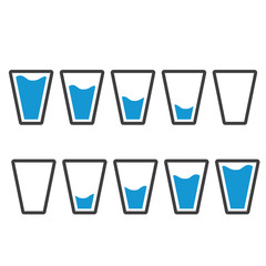 Filling blue glasses of water set. Flai icons set. Raster illustration