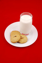 Milk and cookies. A mug of milk and a few home made ginger bread and walnuts cookies on a plate, isolated on red background.Christmas morning. 