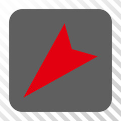 Arrowhead Left-Down interface toolbar icon. Vector pictogram style is a flat symbol inside a rounded square button, red and gray colors, hatched diagonally transparent background.