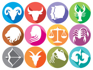 Fototapeta na wymiar zodiac signs flat buttons (set of horoscope symbols, astrology icons set)