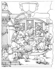 Men having fun together drinking in the parlor inn, XVI century