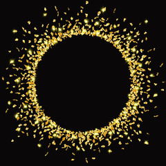 Round golden confetti frame on black background. Vector illustration.