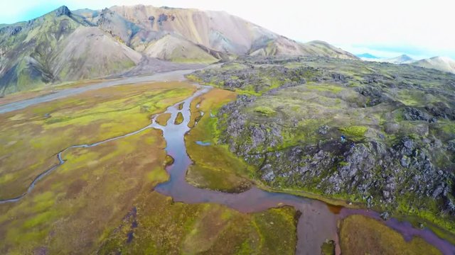 Valley National Park Landmannalaugar. Aerial view of the gentle slopes of the mountains. Magnificent Iceland in the autumn