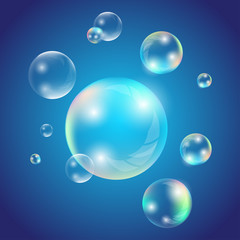 Transparent soap or water bubbles. Realistic soap bubbles with rainbow reflection set isolated vector illustration