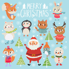 Set of funny Christmas personages. Christmas characters. Collection with cute animal
