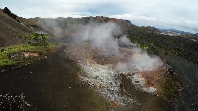 Aerial of geothermal fumarole in Iceland in autumn