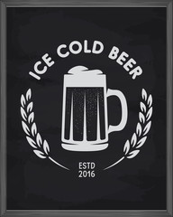 Ice cold beer poster. Pub emblem on chalkboard background. Vector vintage illustration.