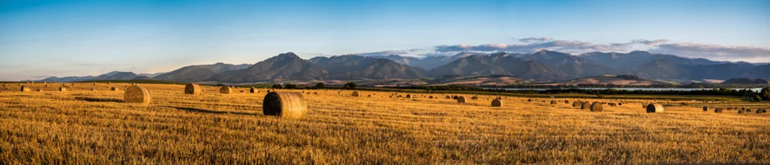Wall murals Tatra Mountains Harvested Field with Hay Bales in Golden Evening Light Under Low Tatras Mountains, Slovakia