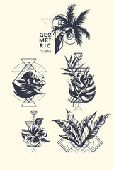 Set of blackwork tattoo art. Geometric hand drawn tropical. Isolated vector illustration.