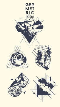 Set of blackwork tattoo art. Geometric hand drawn landscape. Isolated vector illustration.