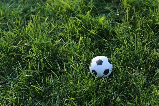 Football ball on field. Close up
