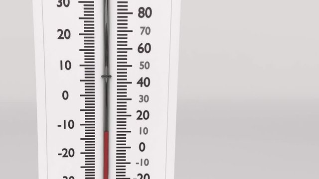 Increasing temperature on huge thermometer. Close up animation of temperature increase.