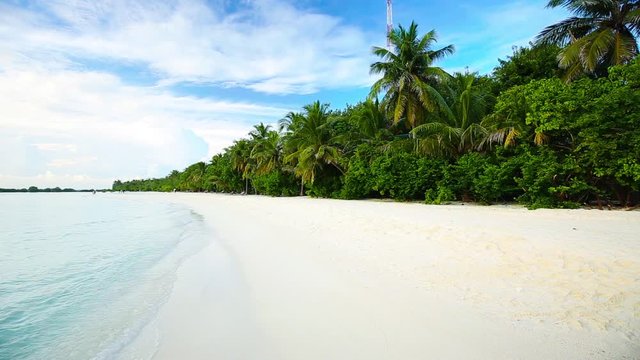 Tropical Maldives island with sandy beach with palm trees and turquoise clear water
