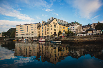 Beautiful super wide-angle summer aerial view of Alesund, Norway