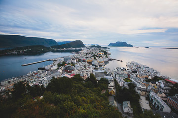 Beautiful super wide-angle summer aerial view of Alesund, Norway